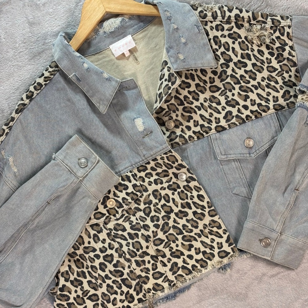 entro Light Blue Denim Jacket with Leopard Panels